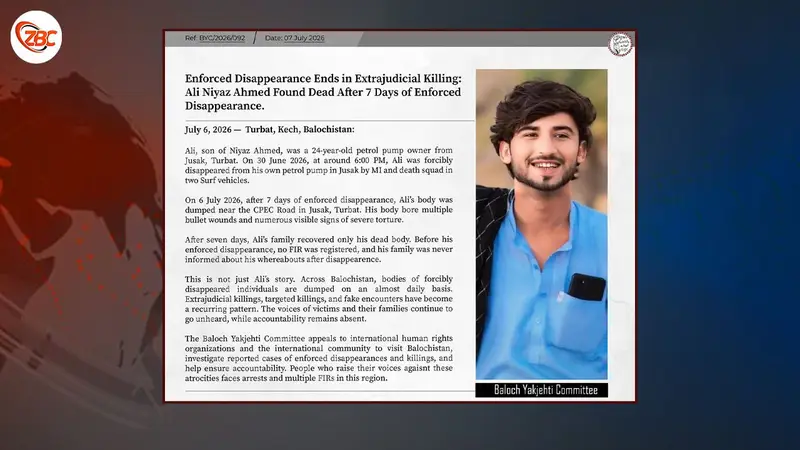 ڈیتھ اسکواڈ علی ولد نیاز احمد بلوچ ئے ہفتہ ئس زوراکی ئٹ بیگواہ کننگ آن گُڈ اونا جون ئے بیٹنے۔ بی وائی سی